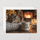 Cat Sleeping Next to a 'Happy Holidays" Mug ポストカード (正面/裏面)