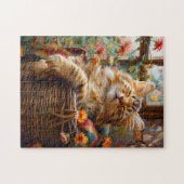 Cat Sleeping on Window Sill Among Flower ジグソーパズル (横)