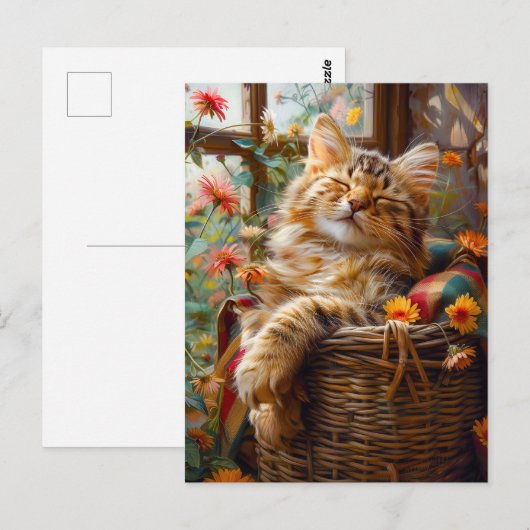 Cat Sleeping on Window Sill Among Flower ポストカード (正面/裏面)