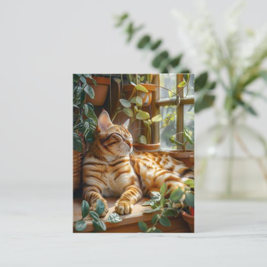 Cat Sleeping on Window Sill Among Flower Vines ポストカード (スタンド正面)