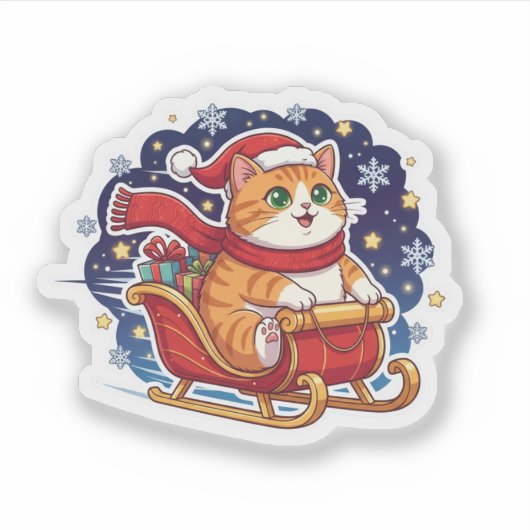 Cat Sleigh Ride Cute Christmas Snowy Sky Sticker シール (正面)