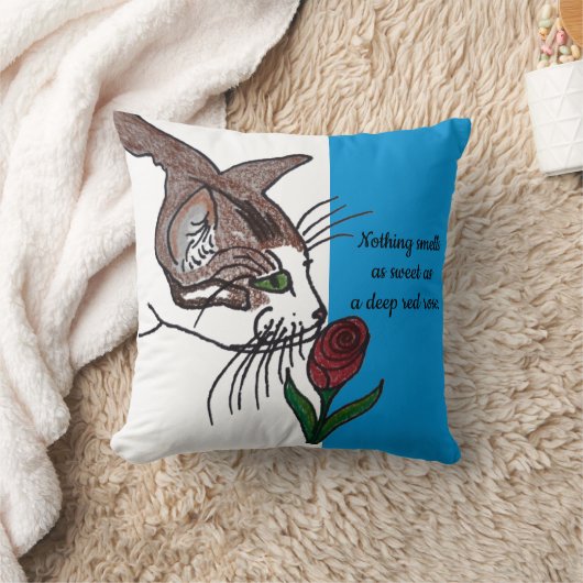Cat Smelling Deep Red Rose クッション (ブランケット)