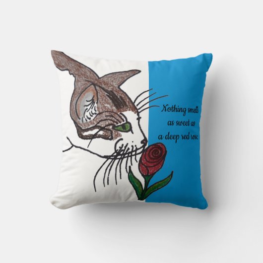 Cat Smelling Deep Red Rose クッション (正面)