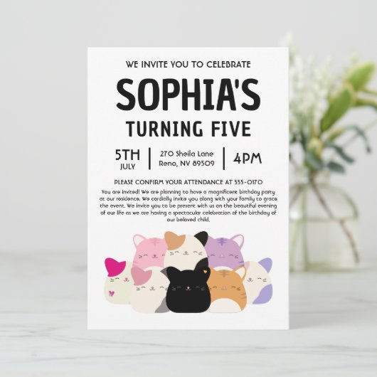 Cat Squishmallow Birthday Party 招待状 (スタンド正面)