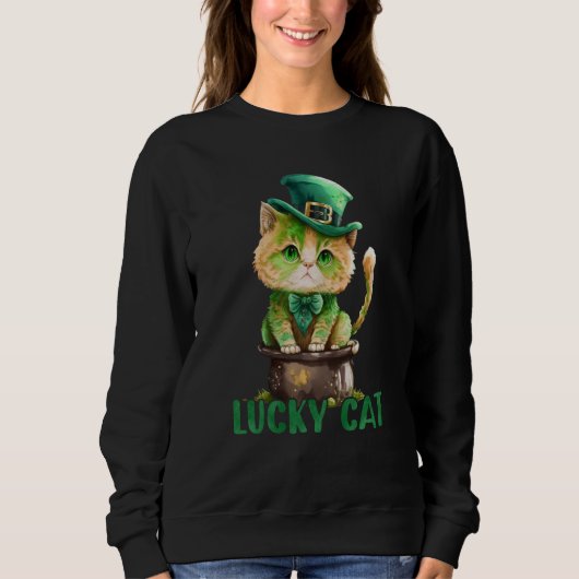 Cat St Patrick Leprechaun Shamrock Irish Lucky Cat スウェットシャツ (正面)
