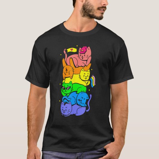 Cat Stack Rainbow Gay Pride Cute LGBT Animal Pet Tシャツ (正面)