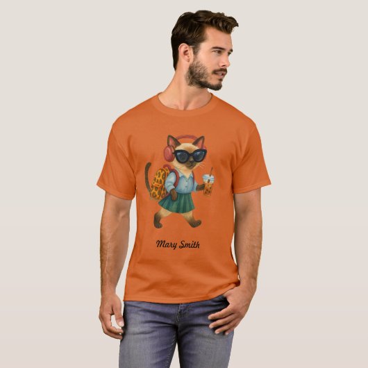 Cat Student Back to School  Head phone bubble tea Tシャツ (正面フル)