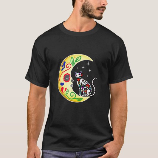 Cat Sugar Skull Mexico Calavera Moon Halloween Tシャツ (正面)