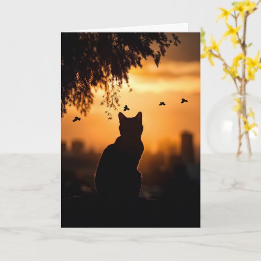 Cat Sympathy Loss of Cat Sunset With Birds カード (黄色い花)