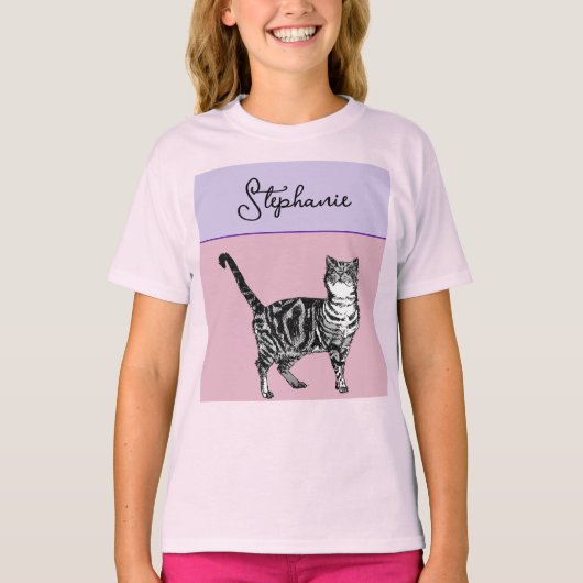 Cat Tabby Pastel Cats Girls Rose Pink Pets Tシャツ (正面)