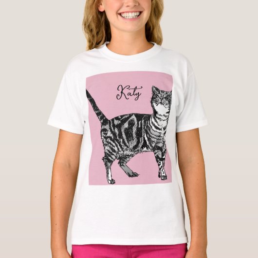 Cat Tabby Pastel Cats Girls Rose Pink Pets Tシャツ (正面)