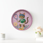 Cat tennis funny playful pet kids room ラージ壁時計 (ホーム)