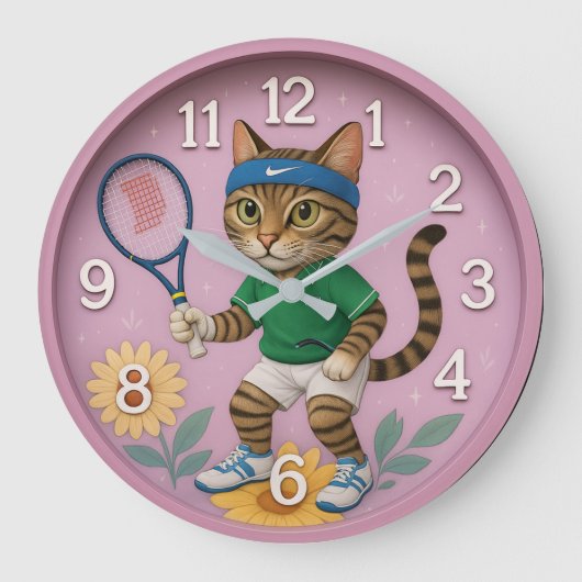 Cat tennis funny playful pet kids room ラージ壁時計 (正面)