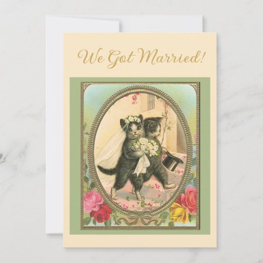 Cat Themed Wedding announcement Ivory and green 招待状 (正面)