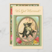 Cat Themed Wedding announcement Ivory and green 招待状 (正面/裏面)