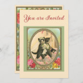 Cat Themed Wedding Ivory and green 招待状 (正面/裏面)