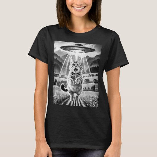 Cat Ufo Alien Abduction Funny Graphic Tees Men Wom Tシャツ (正面)