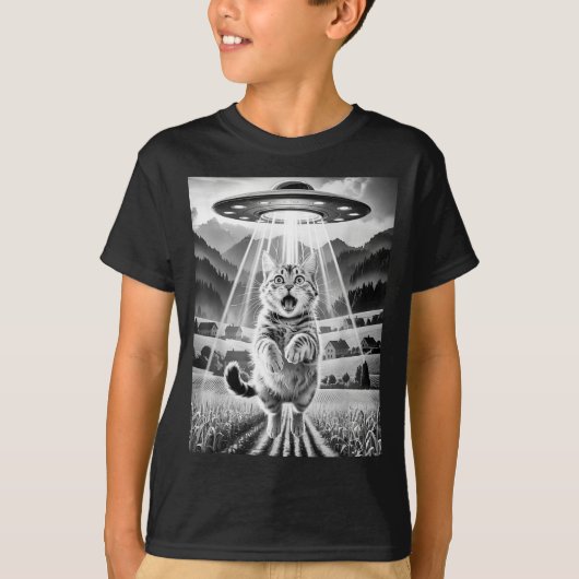 Cat Ufo Alien Abduction Funny Graphic Tees Men Wom Tシャツ (正面)