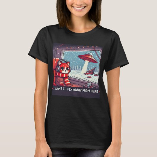 Cat UFO Selfie: Red Planet (私は飛びたい遠くに) Tシャツ (正面)
