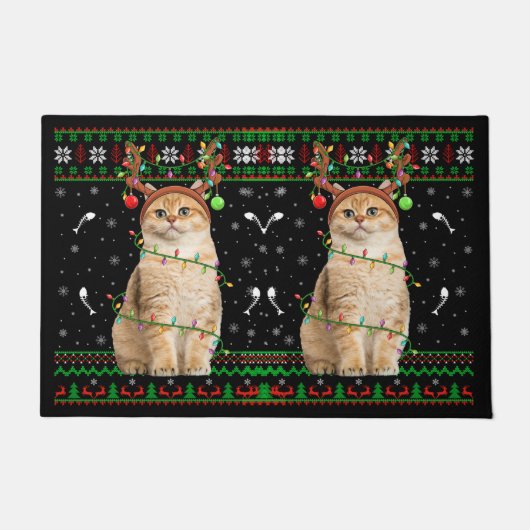Cat Ugly Xmas Sweater Lighting Santa Cat Christmas ドアマット (正面)