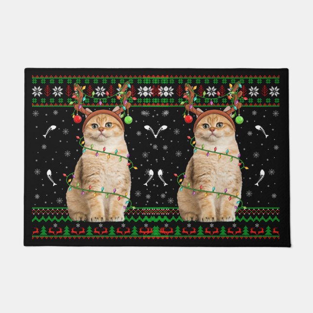 Cat Ugly Xmas Sweater Lighting Santa Cat Christmas ドアマット (正面)