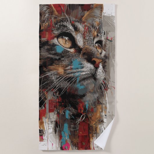 Cat Urban Street Art Portrait ビーチタオル (正面)