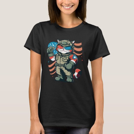 Cat US Flag Veteran American Patriotic Cute Tシャツ (正面)