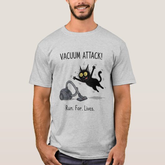 Cat Vacuum Attack Funny Graphic T-Shirt Tシャツ (正面)