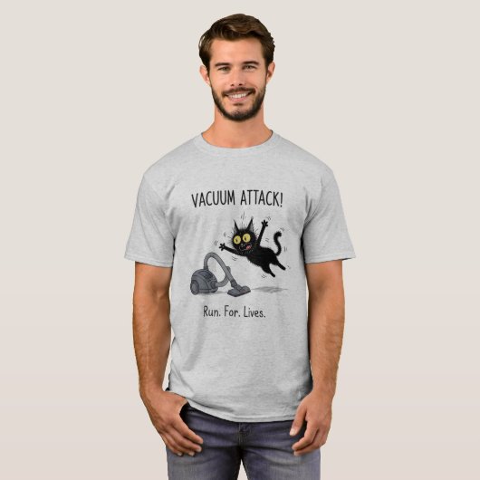 Cat Vacuum Attack Funny Graphic T-Shirt Tシャツ (正面フル)