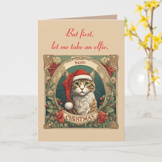 Cat Wearing A Santa Hat Merry Christmas Photo Boot カード (黄色い花)