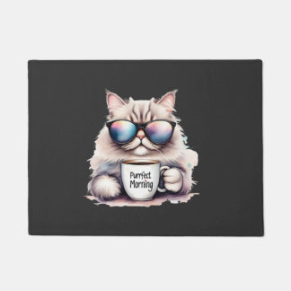 cat wearing sunglasses and holding a coffee mug ドアマット