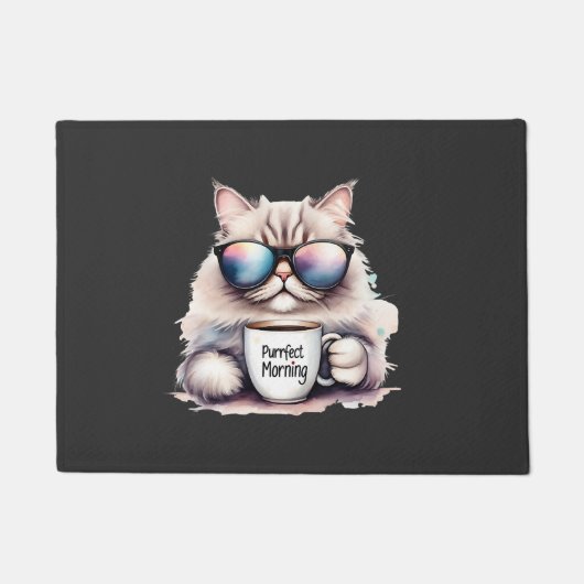 cat wearing sunglasses and holding a coffee mug ドアマット (正面)
