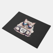 cat wearing sunglasses and holding a coffee mug ドアマット (アングル)
