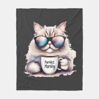 cat wearing sunglasses and holding a coffee mug フリースブランケット