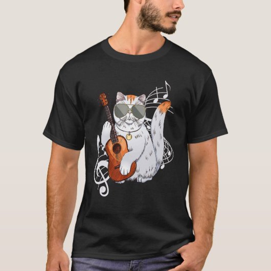 Cat wearing sunglasses playing Guitar Guitarist Tシャツ (正面)