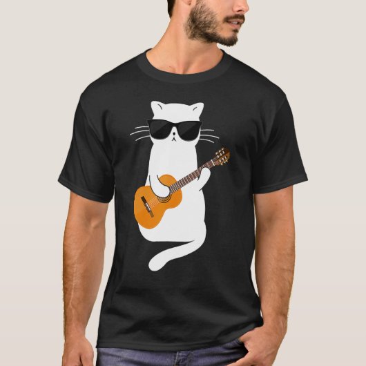 Cat wearing sunglasses playing Guitar Guitarist Tシャツ (正面)