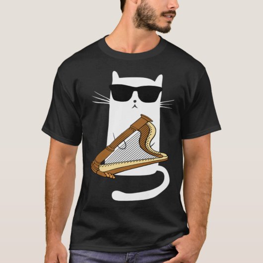 Cat Wearing Sunglasses Playing Harp Tシャツ (正面)