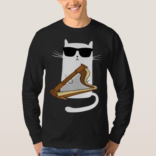 Cat Wearing Sunglasses Playing Harp Tシャツ (正面)