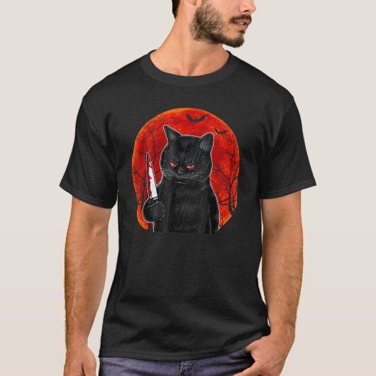 Cat What  Murderous Black Cat With Knife Halloween Tシャツ (正面)