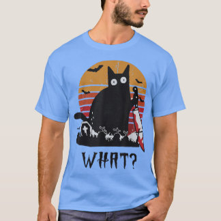 Cat What Shirt おもしろい Black Cat With Knife Killer H Tシャツ