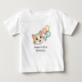 Cat with 3 Blue Balloons 1st Birthday  ベビーTシャツ
