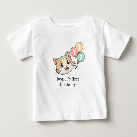 Cat with 3 Blue Balloons 1st Birthday  ベビーTシャツ (正面)