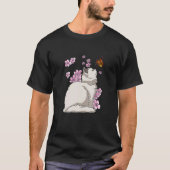 Cat With Butterfly Japanese Sakura Cherry Blossom Tシャツ (正面)
