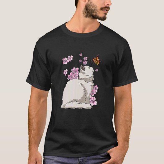 Cat With Butterfly Japanese Sakura Cherry Blossom Tシャツ (正面)