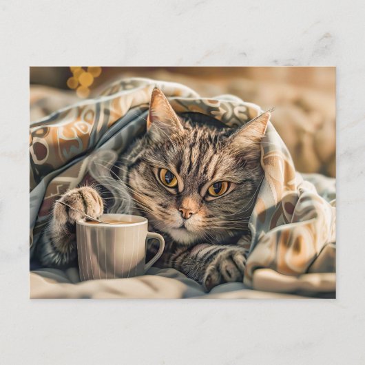 Cat with coffee and book in cozy blanket シーズンポストカード (正面)