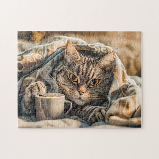 Cat with coffee and book in cozy blanket ジグソーパズル (横)