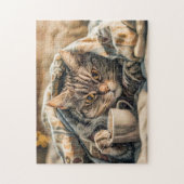 Cat with coffee and book in cozy blanket ジグソーパズル (縦)