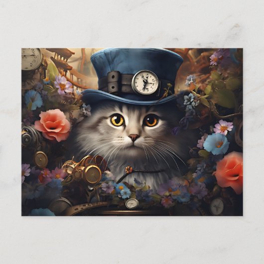 cat with Cylinder and flowers in steam Punk Style ポストカード (正面)