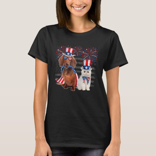 Cat With Dachshund Sunglasses American Flag 4th Of Tシャツ (正面)