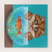 Cat with Goldfish Bowl Funny Hungry Grinning Kitty ジグソーパズル (横)